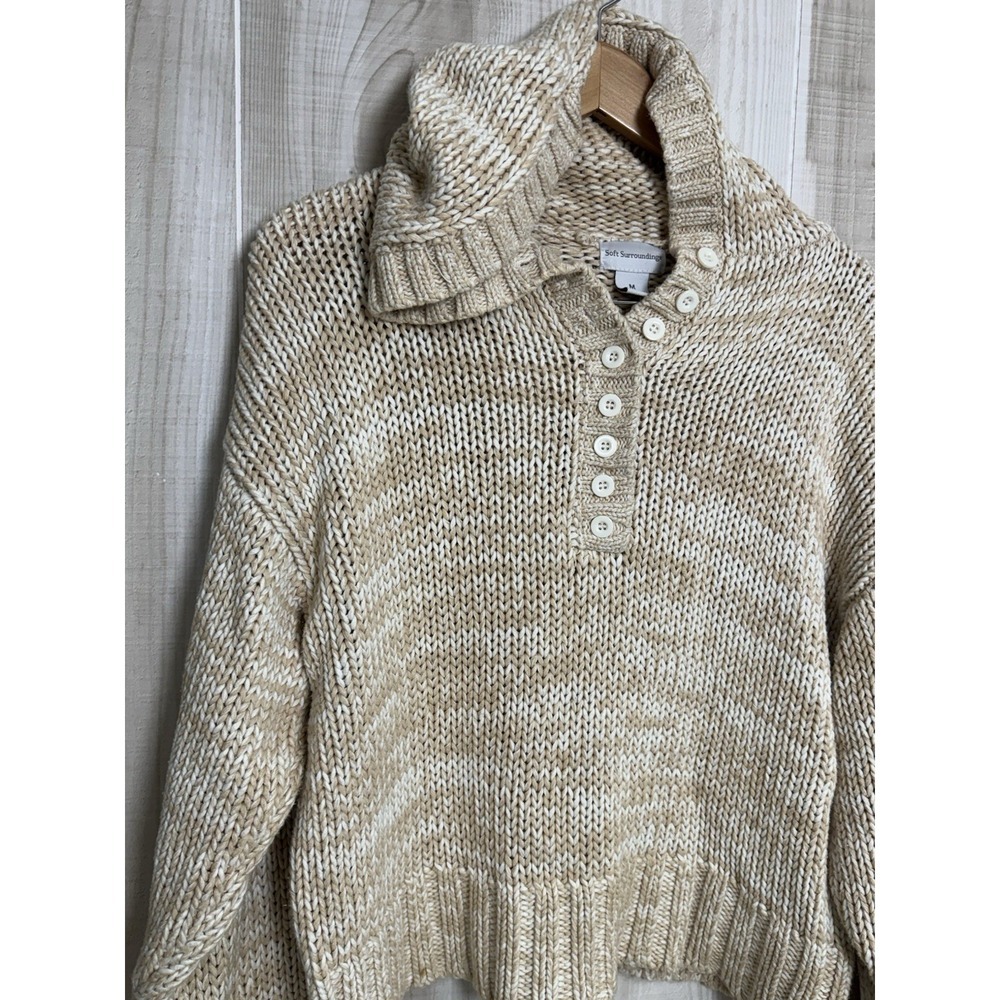 Soft Surroundings Beige White Chunky Knit Hoodie Button Cropped Sweater Womens M